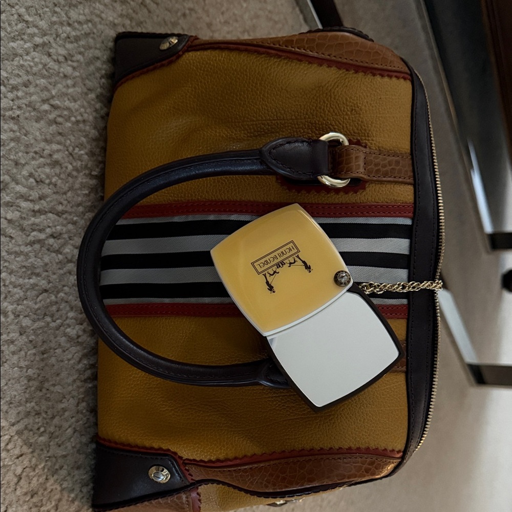 Henri Bendel Yellow and Brown Barrel Bag with Signature Stripes - Picture 4 of 4